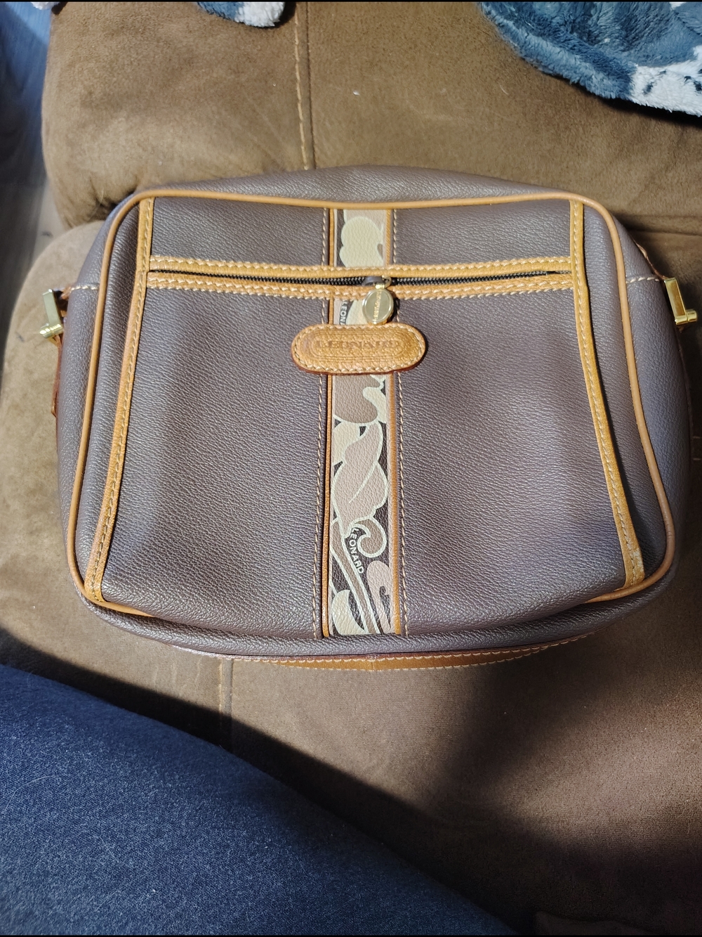 Brown Leatherette Messenger Bag with Tan Trim